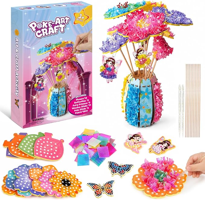 Kivonio Poke Art Kit for Kids - Flower Bouquet, DIY Wood Craft Kit, Mess Free Creative Play for Girls and Boys Ages 4, 5, 6, 7, 8, 9, Fine Motor Skills, Screen-Free Fun