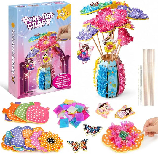Kivonio Poke Art Kit for Kids - Flower Bouquet, DIY Wood Craft Kit, Mess Free Creative Play for Girls and Boys Ages 4, 5, 6, 7, 8, 9, Fine Motor Skills, Screen-Free Fun
