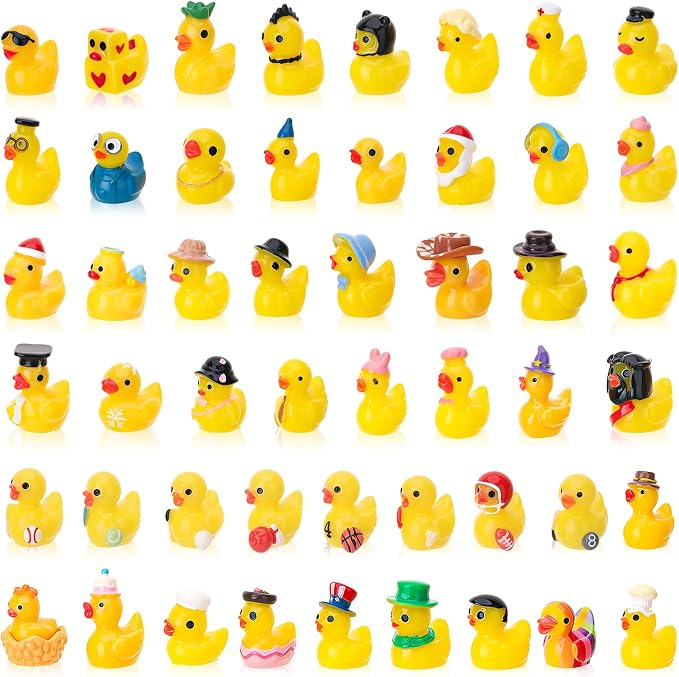 50 Pack Multicolor Mini Resin Ducks, Novelty Little Yellow Duck | Tiny Ducks to Hide Prank, Party Favor for Birthday, Graduation, Independence Day, Halloween, Christmas (50 Styles)