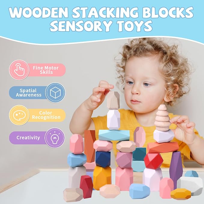 48 Pcs Wooden Stacking Rocks Building Blocks Montessori Toys for 3 Year Old | Blancing Stacking Stones Games Preschool Learning Activities Fine Motor Skills Toys, Birthday Gifts for 3 4 5 Year Old Kids