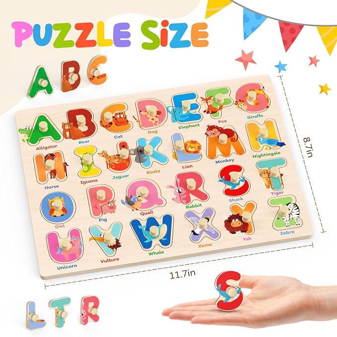 Zeoddler Wooden Montessori Puzzles for Toddlers, 3 Pack ABC, Number and Shape Puzzle for Kids, Preschool Learning Activities, Gift for Girls Boys