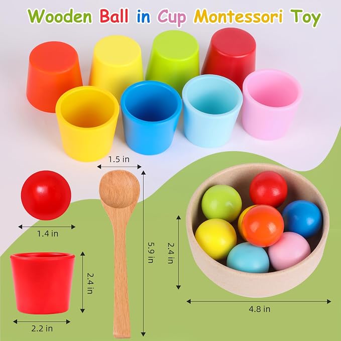 Rainbow Balls in Cups Toddler Montessori Toys (8 Balls, 1.4 in) | Color Sorting Toys for Toddlers for 3 Year Old Up, Learning Color Sorting and Counting, Kids Preschool Wooden Matching Games