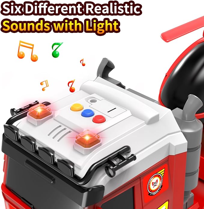 Boys Fire Truck Toy, 25" Large Friction Semi Truck with Helicopter & Race Car, Lights & Sounds, Suitable for Ages 3-8