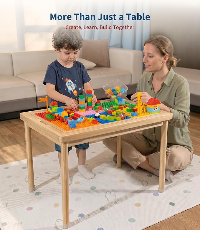 28" Kids Activity Table, Compatible with Lego & Duplo Bricks Play Desk | 4 Foldable Storage Bins, Premium Solid Pine Wood, Reversible Tabletop for Multi-Child STEM Learning & Crafts