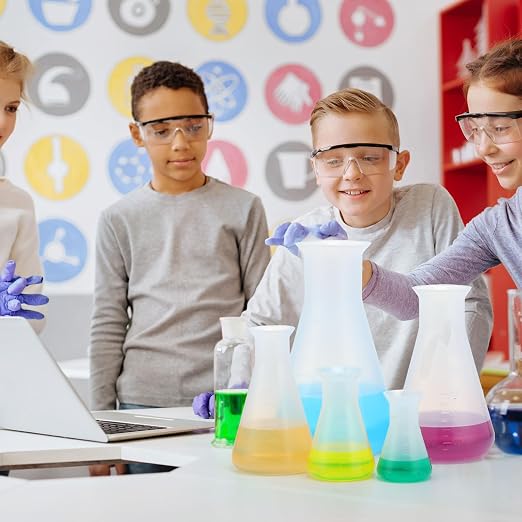 DoubleFill 20 Pcs Plastic Beakers for Kids Class and Party, Scientific Conical Flask, Laboratory Chemical Erlenmeyer Education Learning Tool, 50ml, 100ml, 250ml, 500ml, 1000ml