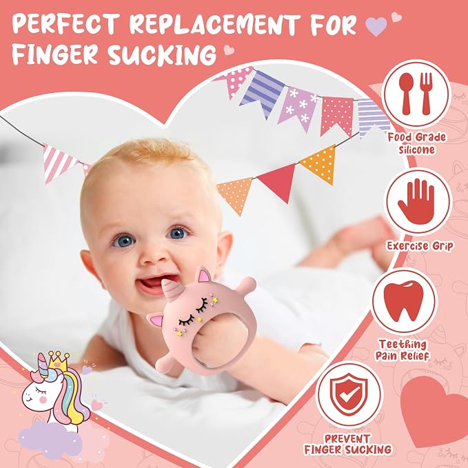 Tinabless Teething Toys for Babies 6-12 Months, Unicorn Never Drop Silicone Teether Designed for Babies 0-6 Months, Car Seat Toy for New Born, Natural Organic Baby Teether for Boys & Girls, Pink