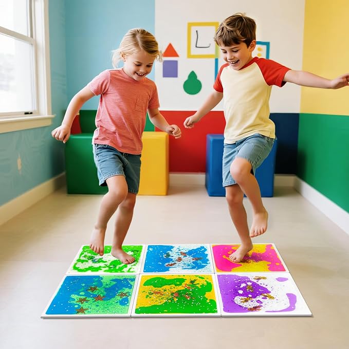 Liquid Sensory Floor Tiles for Toddlers 3+: 12" Ocean Mats, 6 Pack | Sea Creatures Move Through Colorful Liquid with Each Step for Ocean Sensory Play, Movement Games, Playrooms, and Classrooms
