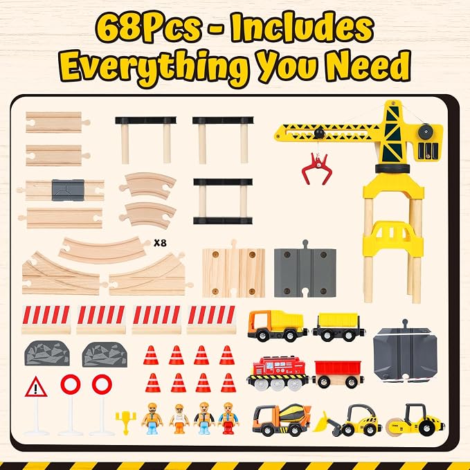 Lehoo Castle Wooden Train Set, Construction Toys for 3 Year Old Boys | Wooden Train Track Set for Kids w/Crane, Toy Train Railway Playset for Toddler Boy Birthday Gift