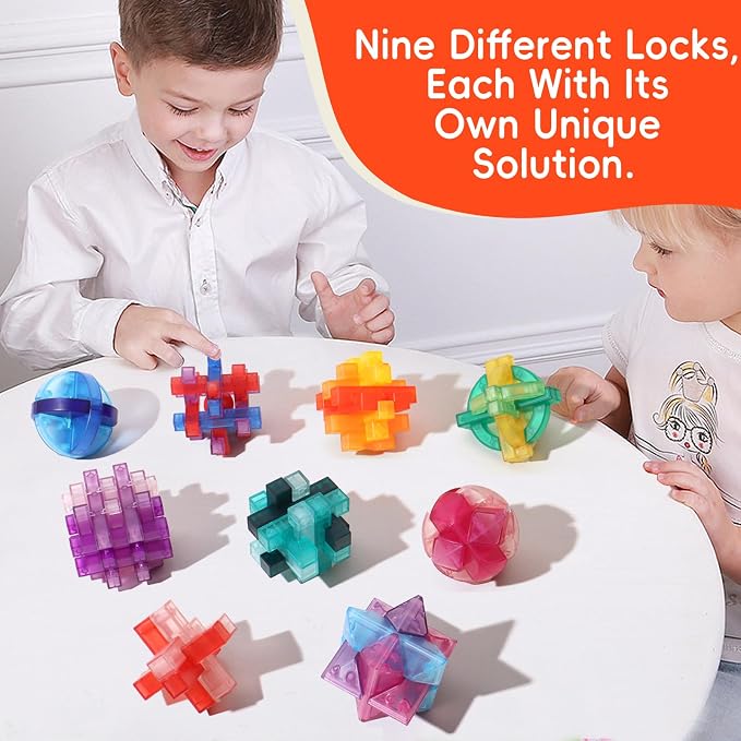 9 PCS Colorful Translucent ABS Luban Lock Set, Brain Teaser Puzzles for Kids Teens Adults, Interlocking Disentanglement Mind Puzzles, Montessori STEM Educational Toys