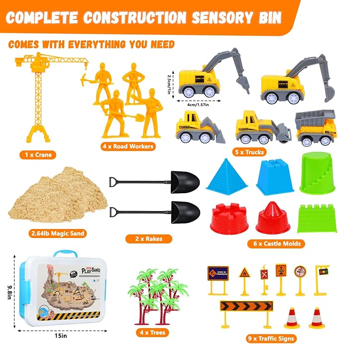Construction Sensory Sand Kit for Kids 3-8, Sand Bin Sensory Toys | Non-toxic Magic Sand & Construction Tools, STEM Montessori Sensory Toys for Kids, Christmas & Birthday Gifts for Boys Girls