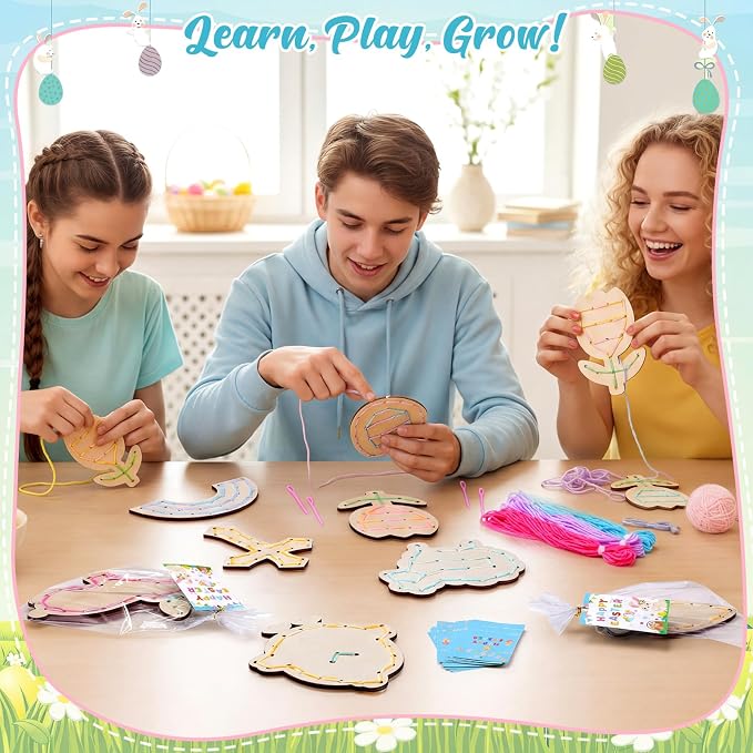 Capoda 18 Sets Back to School Crafts for Kids Wooden Classroom Lacing Card Toys Spring Basket Essentials with Colorful Threads for Classroom Girls Boys Spring Craft Activities Baskets Filler Supplies