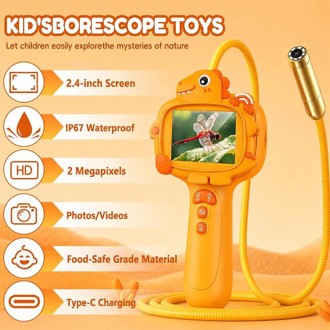 Kids Borescope Camera with Light-STEM Science Educational Toy for 3 4 5 6 7 8 Years Old Boys & Girls Birthday Gift-Discovery & Exploration Flexible Snake Scope Battery (Orange Dinosaur)