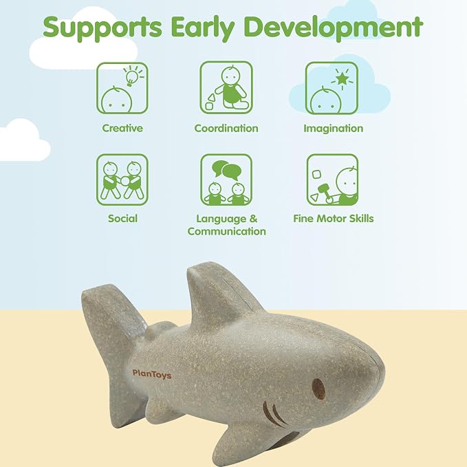 PlanToys® Wooden Shark Bath Toy, Montessori Kids Water Toy Sea Play Set | wooden shark figurine, montessori water play, imaginative creative bath toy, ocean animal figure, fine motor play, kids toddl