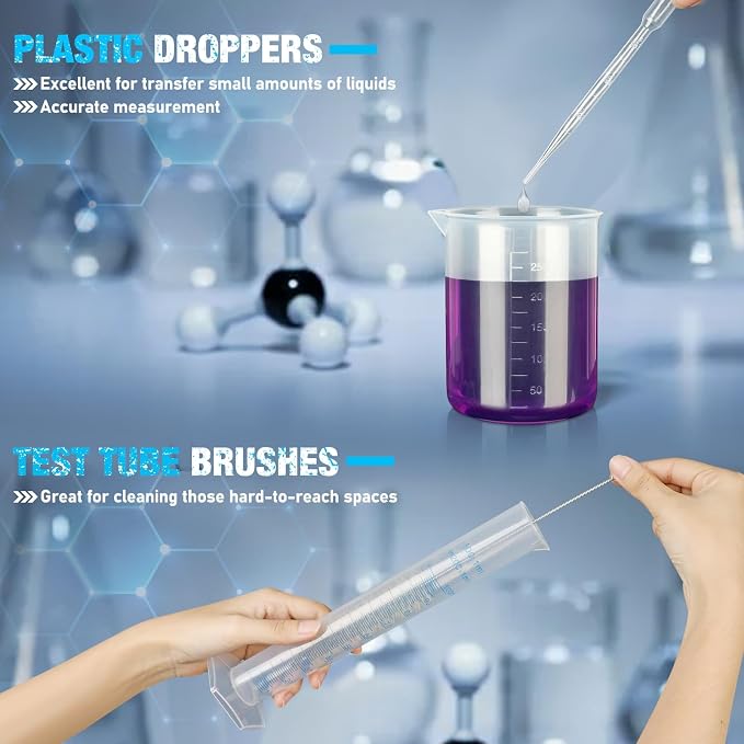moveland Plastic Graduated Cylinders and Beakers with 5 Pipettes, 10ml 25ml 50ml 100ml Cylinders, 50ml 100ml 250ml 500ml 1000ml Beakers, Ideal for DIY and Kids Science Lab | 10-100ml Cylinders, 50-1000ml Beakers & 5 Pipettes, Food-Grade Shatterproof, A...