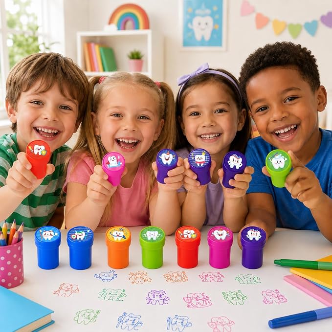 Cinrobiye 24 Pcs Teeth Stampers Party Favor Set, Cute Dental Health Stamps for Kids Birthday Party, Classroom Rewards, Educational Learning Toys, Goody Bag Fillers, Dental Care Party Supplies