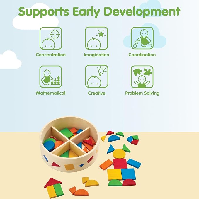 PlanToys® Mosaic Wooden Toy for Toddlers 12M+ Montessori 45 Geometric Pieces