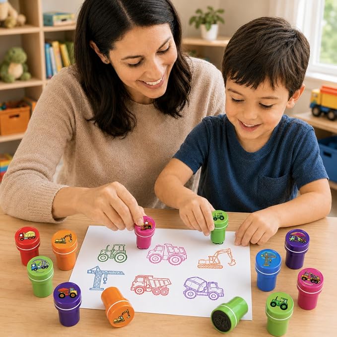 Cinrobiye 24 Pcs Construction Vehicle Stampers Party Favor Set, Cute Building Truck Stamps for Kids Birthday Party, Classroom Rewards, Carnival Prizes, Goody Bag Fillers, Themed Party Supplies