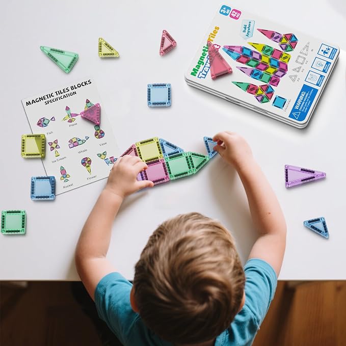 42PCS Mini Magnetic Tiles Travel Set with Iron Storage Box - Portable STEM Building Blocks for Kids 3-8, Montessori Educational Magnet Toys for Airplane, Car Rides & On-The-Go Play | Portable Montessori educational magnetic building tiles for airplane,...