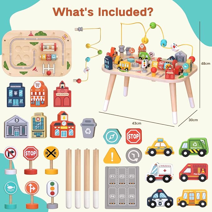 Weilim Montessori Wooden Activity Table for Toddler 1-3, Learning Toys | 9-in-1 Baby Activity Center: Bead Maze, Shape Sorter, Cars, Gears & Traffic Signs. Sensory Birthday Gift for Boys & Girls