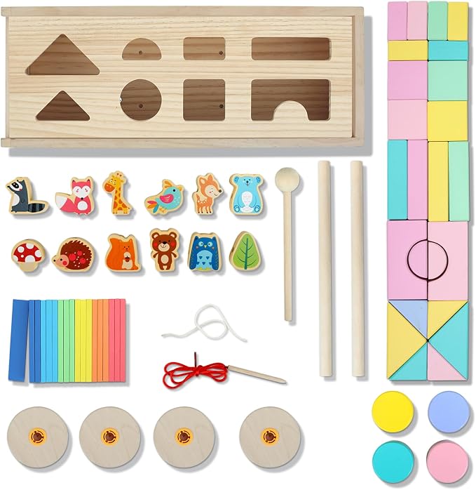 Montessori Toys,Solid Wood Building Blocks and Shapes,Xylophone Set | Montessori Wooden Lacing Beads,Wooden Storage Box for Kids Ages 36 Months+,Toddler Block Set and Converts into a Pull Car
