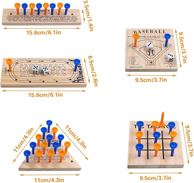 Wooden Peg Games Assortment Kit, 5 PCS Fun Brain Strategy Toy | Travel Funny Games for Teens and Adults, Including Baseball, Tic-Tac-Toe, Insanity, Peg-Board-Game, Roundabout