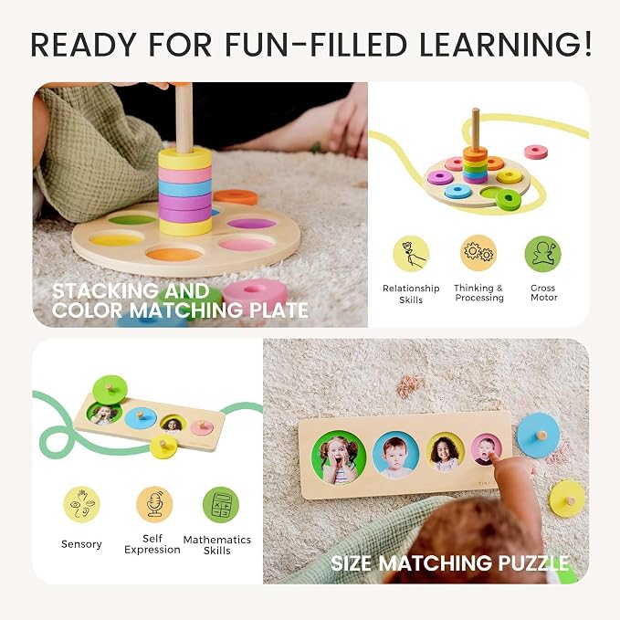Tiny Land Montessori Baby Toy Set 13-15 Months 7 in 1 Explorer Play Kit | Baby drum, carrot harvesting, coin boxes, stacking plate, color matching, size puzzle, color board book, fine motor play gift