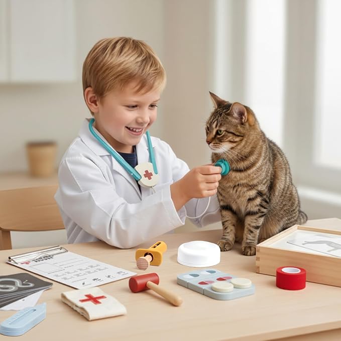Macabaka Doctor Kit for Toddlers 3-5, Pet Vet Pretend Play Toys for Kids, with X-Ray, Wooden Light Box, Medical Tools, STEM Educational Montessori Toys