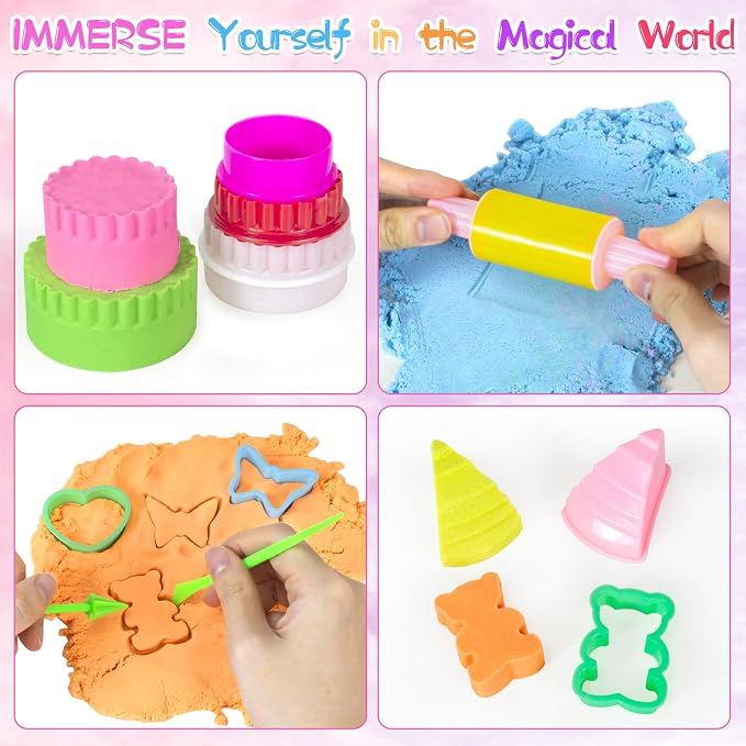 YongnKids Sensory Bin Cake & Ice Cream Sandbox w/Lid for Kids Girls Age 3+ | Play Sand Art Kit with 2.2lb Color Magic Sands,56p Senory Sand Bin- Cake Molds Tools Fun Gift Pretend Play Toys for Kids