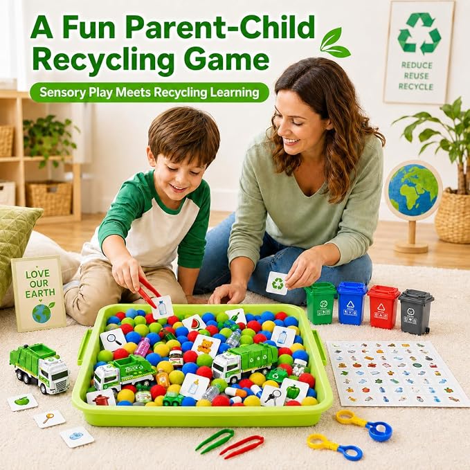 Cinrobiye 163 Pcs Recycling Sorting Activity Set, Earth Day Learning Game with Sorting Bins, Classification Cards and Fine Motor Activities for Preschool Classroom, STEM Educational Learning Supplies