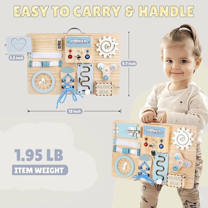 Joyreal Wooden Busy Board for Toddlers, 10-in-1 Montessori Sensory Toys with Music Box, Activity Learning Board with Door Hidden Mirror, Educational Travel Toy for 1 2 3 Year Old Boys Girls