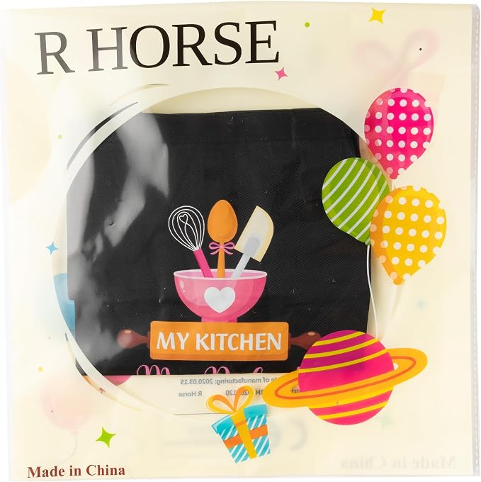 R HORSE Kid Apron and Chef Hat Set 2Pcs Adjustable Black My Kitchen Children Kitchen Apron, Dress up Role Play Chef Toy Funny Cooking Baking Painting and Training Kits for Kids Birthday Holiday Gift