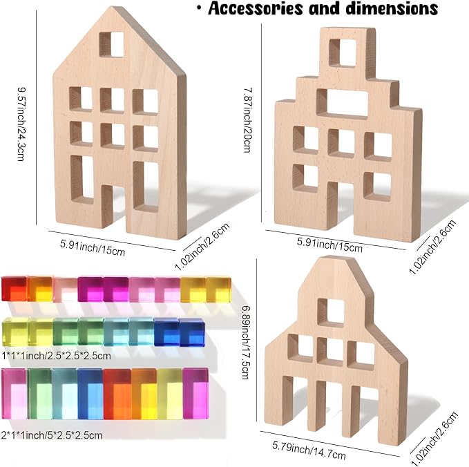 25 Pcs Rainbow Acrylic Building Blocks with 3 Beech Wood Houses, Dual Insert & Stack Sensory Toy, Light Refraction Gem Blocks, Montessori Creative Educational Gift for Toddler Boys Girls 1-5 Years Old