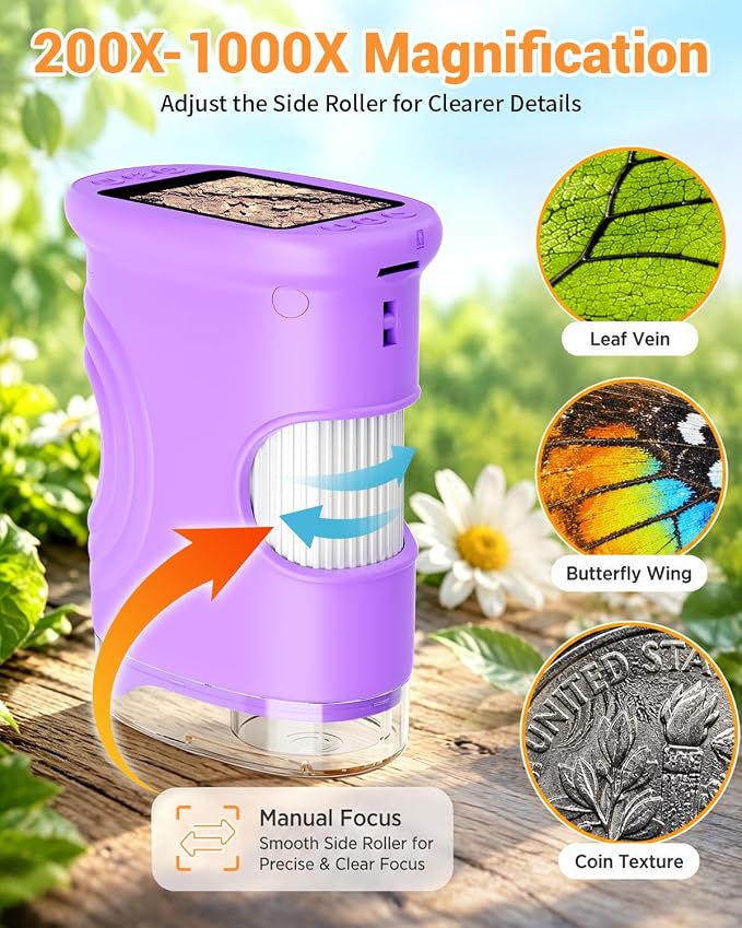 1000X Digital Handheld Microscope for Kids Portable Outdoor Toys & Gifts | 2.0" IPS Screen Magnifier, STEM Science Lab Magnifying Glass, Photo&Video Pocket Edu Toy for Boys & Girls Age 4-12, Purple
