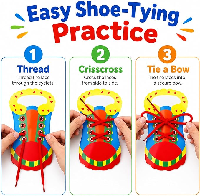 Quixorblex 6 Pcs Shoelace Threading Shoe Tying Practice for Kids Lacing Cards Toddlers Fine Motor Skills Toys Learning Activities Montessori Toys