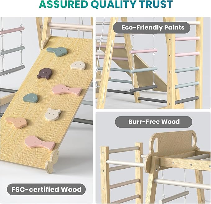 Upgraded Indoor Jungle Gym 9-in-1 Playground Kids Climbing Toys | Waldorf Style Wooden Climber Playset with Slide, Swing, Monkey Bars, Upright/Rope Ladder, Climb Net, Pink