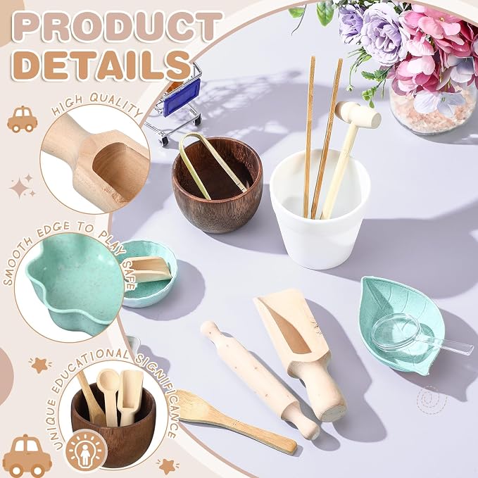 14pcs Sensory Bin Tool Sensory Tools for Boys and Girls Fine Motor Skill Toys Wooden Tong Spoons Bowls Plate Hammer Magnifying Glass and Rolling Pin for Transfer Work and Fine Motor Learning