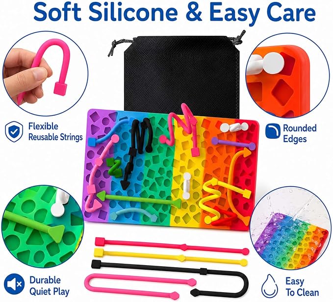 Sensory Activity Board, Sensory Fidget Toys for Kids Adults, Stress Relief | Quiet Sensory Toys, Fidget Toys for Adults and Kids, 14 Colorful Strings, Screen-Free Travel Activity for Car and Airplane
