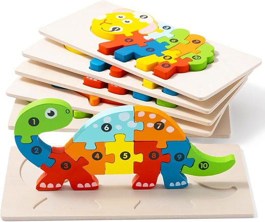 6 Pack Wooden Puzzles for Kids Ages 3-5, Animal Jigsaw Puzzles | 60 Pieces, CPC certified, with Numbers 1-10, Montessori Learning Toys, Educational Number Puzzle Gift Set, in Gift Box