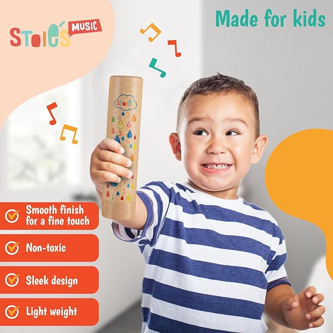 Stoie's Wooden Rainstick Instrument for Kids, Support Music Exploration, Coordination and Rhythm Baby Toy, Soothing Sound for Sensory Play, Durable Rainmaker of Kid-Friendly Size, 2 Pack