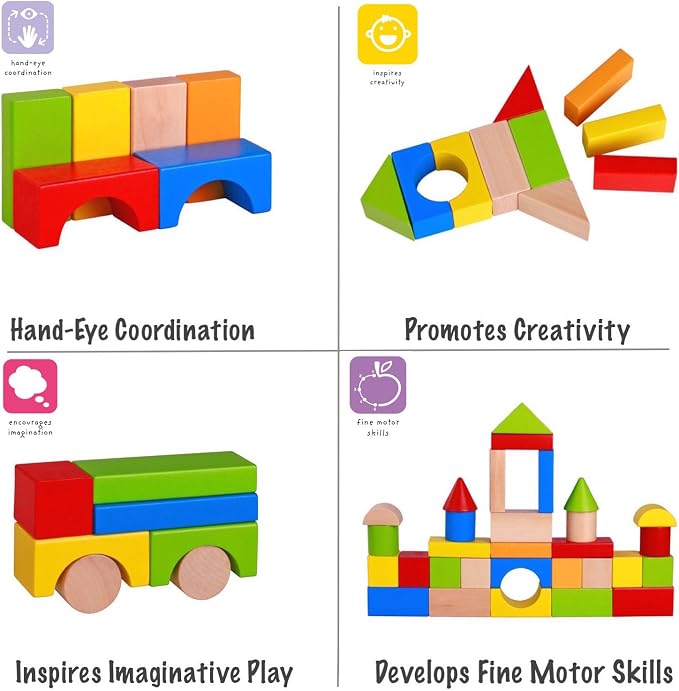 Pidoko Kids Building Blocks for Toddlers 1-3, 100 Pcs Wooden Blocks | Includes Storage Bucket and Shape Sorter Lid - Montessori Wood Block Gifts For Preschool Boys & Girls