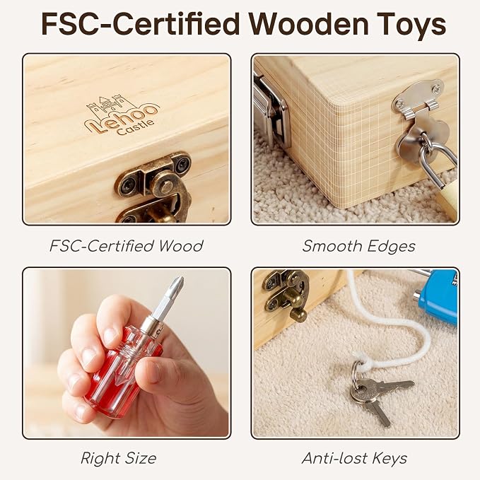 Lehoo Castle Montessori Screwdriver Board Set, Wooden Tool Set for 3 4 5 | Lock and Key Montessori Toys for Toddlers 3-5, STEM Busy Board Toys, Preschool Learning Fine Motor Skills Toys Sensory Gift