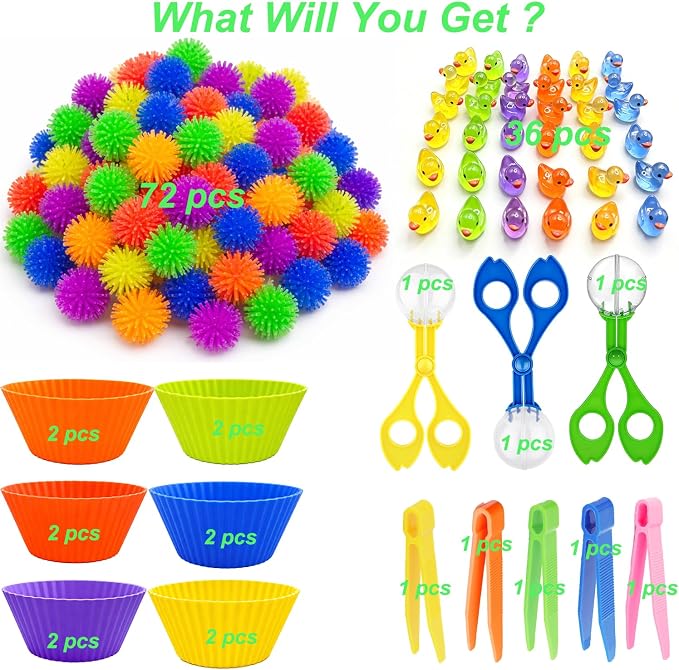 128PCS Sensory Bin Filler Kit with Tools, Fine Motor Skills Training Set for Counting Sorting Matching, Includes 72 Hedgehog Balls, 36 Mini Resin Duck,5 Tweezers, 3 Scissor Clips, 12 Sorting Cups