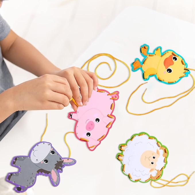 10 Pcs Kids Lacing Cards Double Sided Animal Sewing Cards Kits 10 Styles Lacing Toy Crafts for Toddler Ages 6+ Developing Imagination Preschool Learning Activity Supplies(Farm Style)