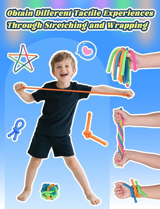 10 Pack Sensory Autism Toys for Kids – Gift Box Upgraded Extra-Thick Stretchy Sensory Strings for School Classroom Rewards Back to School Birthday Party Favors (Textured)