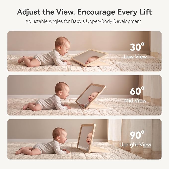 Tummy Time Mirror Toys, Baby Mirror Tummy Time Play Set for 0-6 Months | Large Baby-Safe Mirror, Adjustable Infant Mirror Toy with Black and White High Contrast Cards for Newborn Visual Stimulation