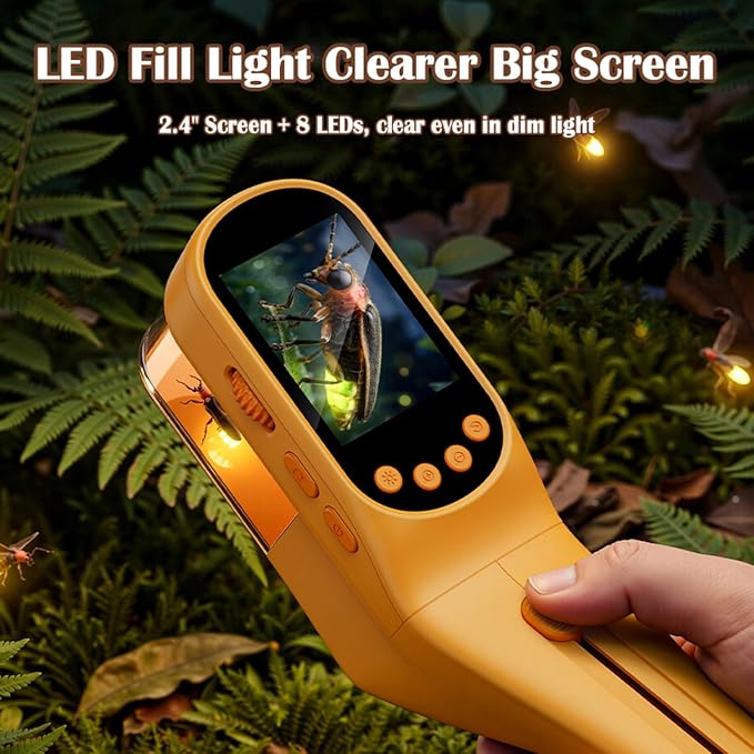 Kids Digital Bug Catcher, 2.4" IPS Screen 500x Magnification Microscope, Photo/Video Recorder, 8 LED Lights, 1000mAh Rechargeable STEM Nature Exploration Toy for Boys & Girls Ages 3+