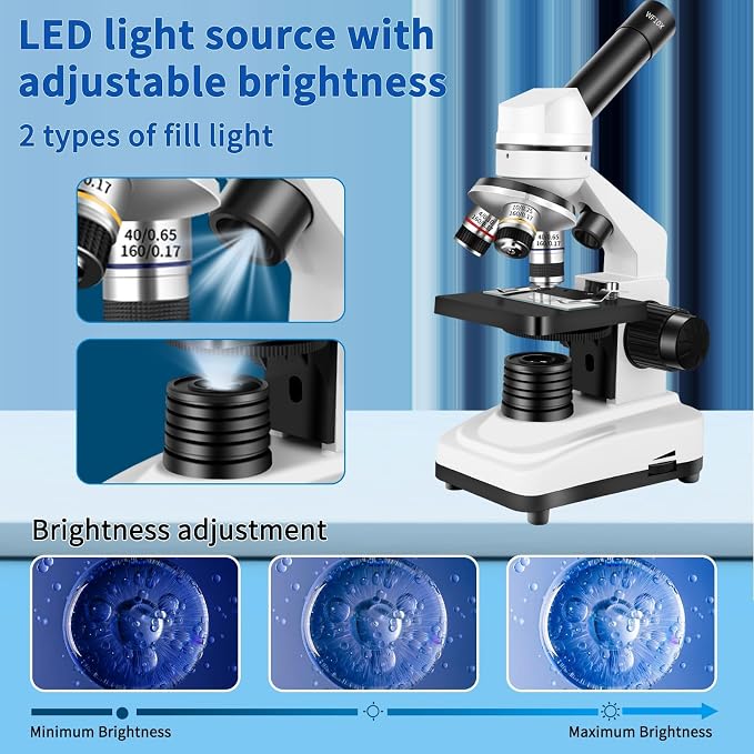 Herwicm Microscope,40X-2000X Microscope with Phone Adapter & Slides Set,Suitable for Students School Lab and Home Education (Monocular Microscope)