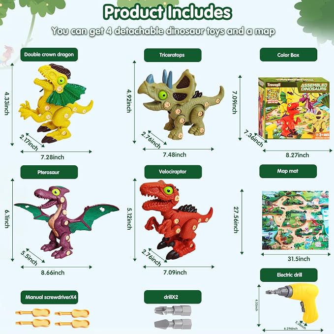 Take Aprts Dinosaur Toys for Kids Age 3 4 5 6 7 Boys with Electric Drill & Play Mat STEM Toys DIY Learning Educational Toy Ideal Birthday Christmas Easter
