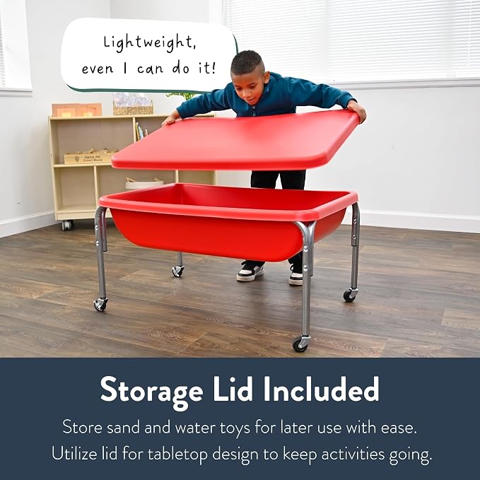 Children's Factory Water Table and Lid Set, Red Sensory Table for Kids, 24" | Sandbox with Locking Casters for Indoor or Outdoor Use, Rust-Resistant Sensory Bin for Classrooms, Preschools, and Daycares
