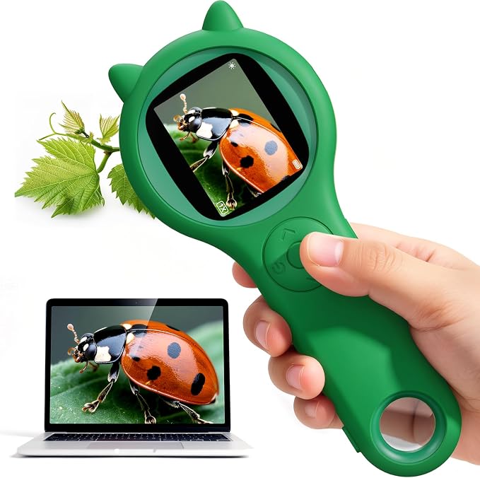 Nature Exploration Microscope for Kids, 500X Portable Digital Microscope with 2" IPS Screen, Plant Leaf Observation STEM Toy Age 5-12 (Green)